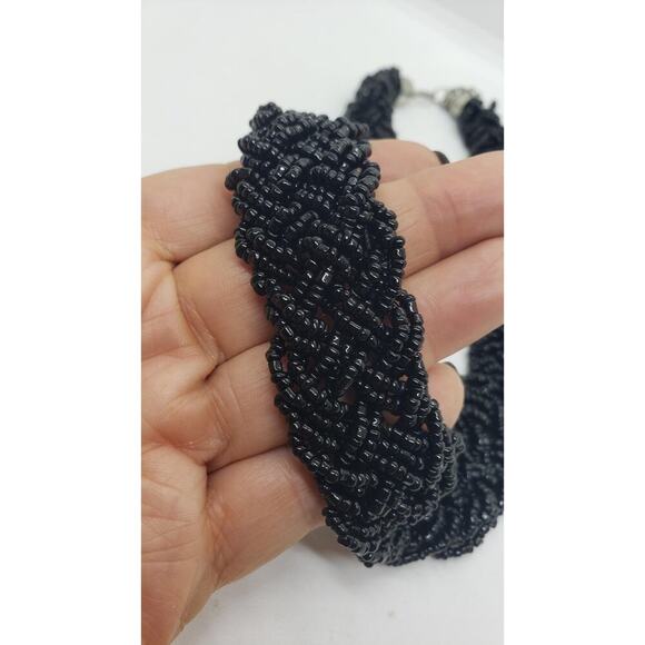 Black Glass Bead Multi Strand Braided Necklace Chunky Wide Twist Collar Choker - Picture 9 of 10